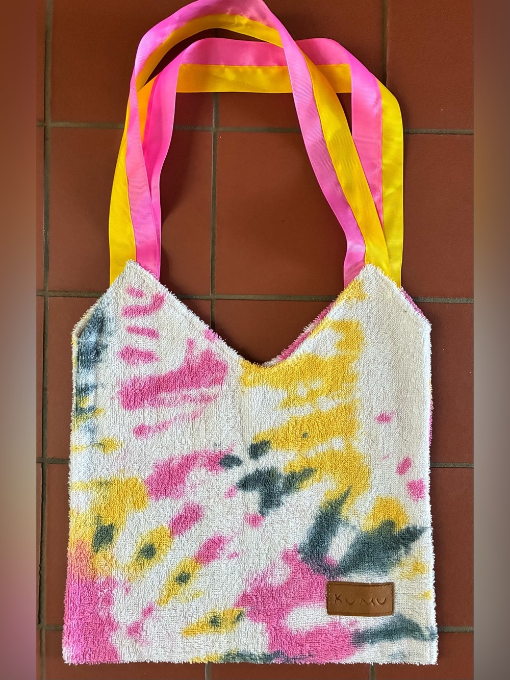 Kumu Terry Cloth Tie Dye Tote Bag Ribbon Straps Yellow Pink